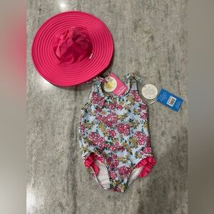 Ruffle Butts Floral Kids Swim One Piece and Hat